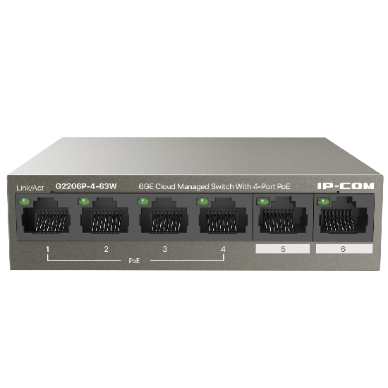 Switch IP-COM G2206P-4-63W com 4 portas PoE Gigabit e 2 portas uplink em formato compacto