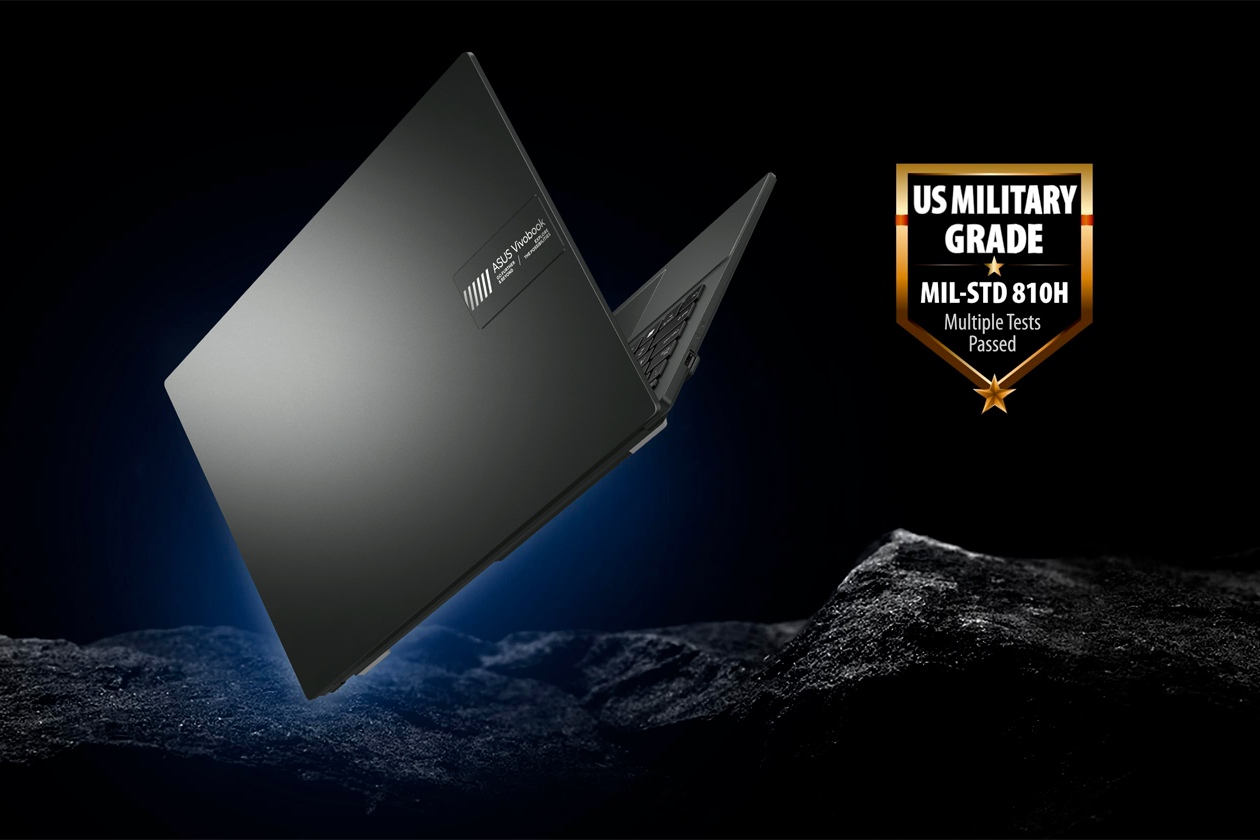 Notebook ASUS Vivobook Go 15 Mixed Black com certifica&ccedil;&atilde;o MIL-STD 810H indicando durabilidade militar contra quedas e condi&ccedil;&otilde;es extremas