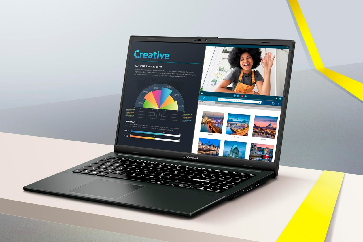 Notebook ASUS Vivobook Go 15 mostrando tela 15,6 polegadas Full HD com logo ASUS na tampa e certifica&ccedil;&atilde;o T&Uuml;V Rheinland para reduzir fadiga ocular