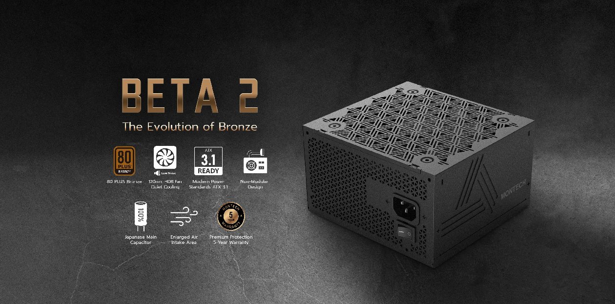 Fonte de alimentação Montech Beta 2 750W com PFC Ativo e formato ATX compacto de 140mm