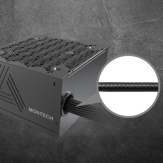 Cabos em relevo e design de chassi refinado da fonte Montech Beta 2 para cable management premium