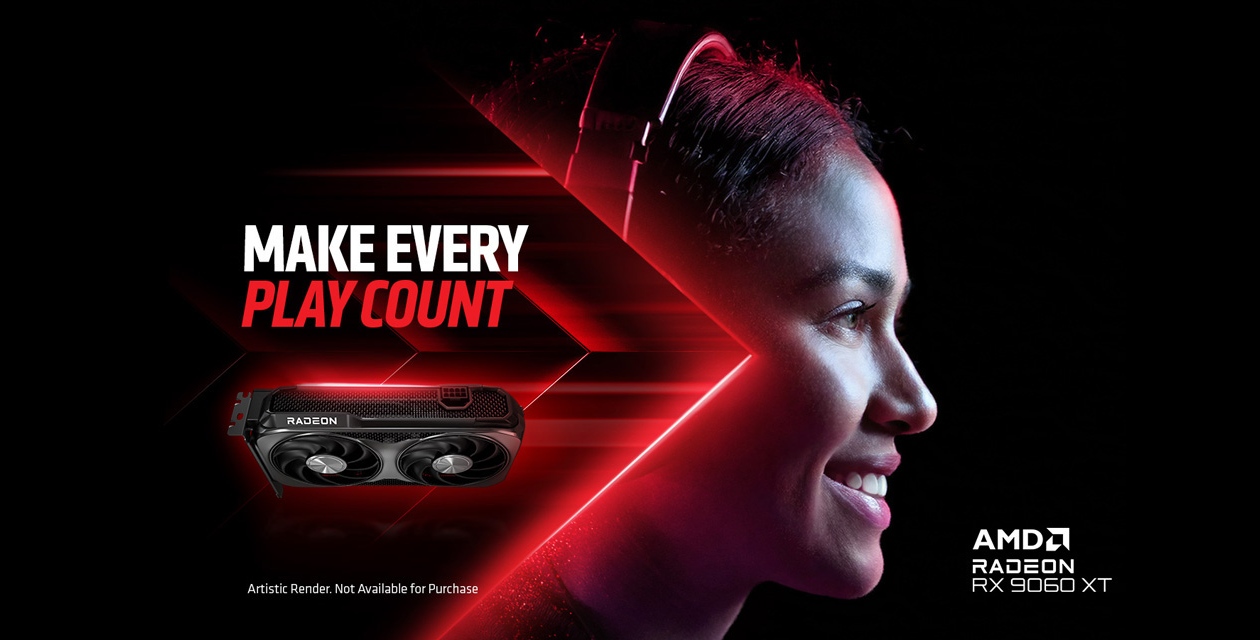 Placa de v&iacute;deo Gigabyte AMD Radeon RX 9060 XT Gaming OC preta com cooler triple-fan e branding Gigabyte em ângulo hero