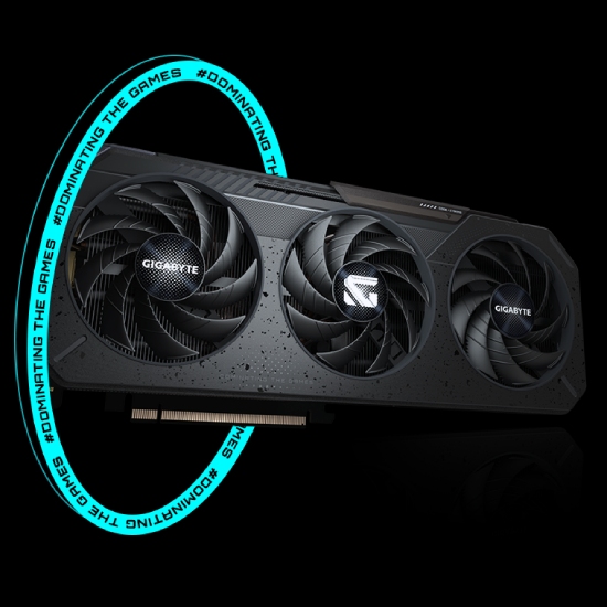 Close-up do cooler triple-fan da placa Gigabyte RX 9060 XT Gaming OC mostrando ventoinhas de 80mm com p&aacute; 3D otimizadas