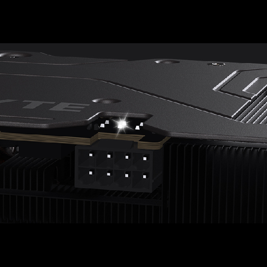 Lateral da placa Gigabyte RX 9060 XT Gaming OC mostrando logo Gigabyte e conector de energia 8-pin com interface PCIe 5.0