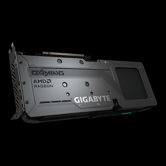 Embalagem e detalhe da placa Gigabyte RX 9060 XT Gaming OC com branding AMD Radeon e suporte a DirectX 12 e OpenGL 4.6