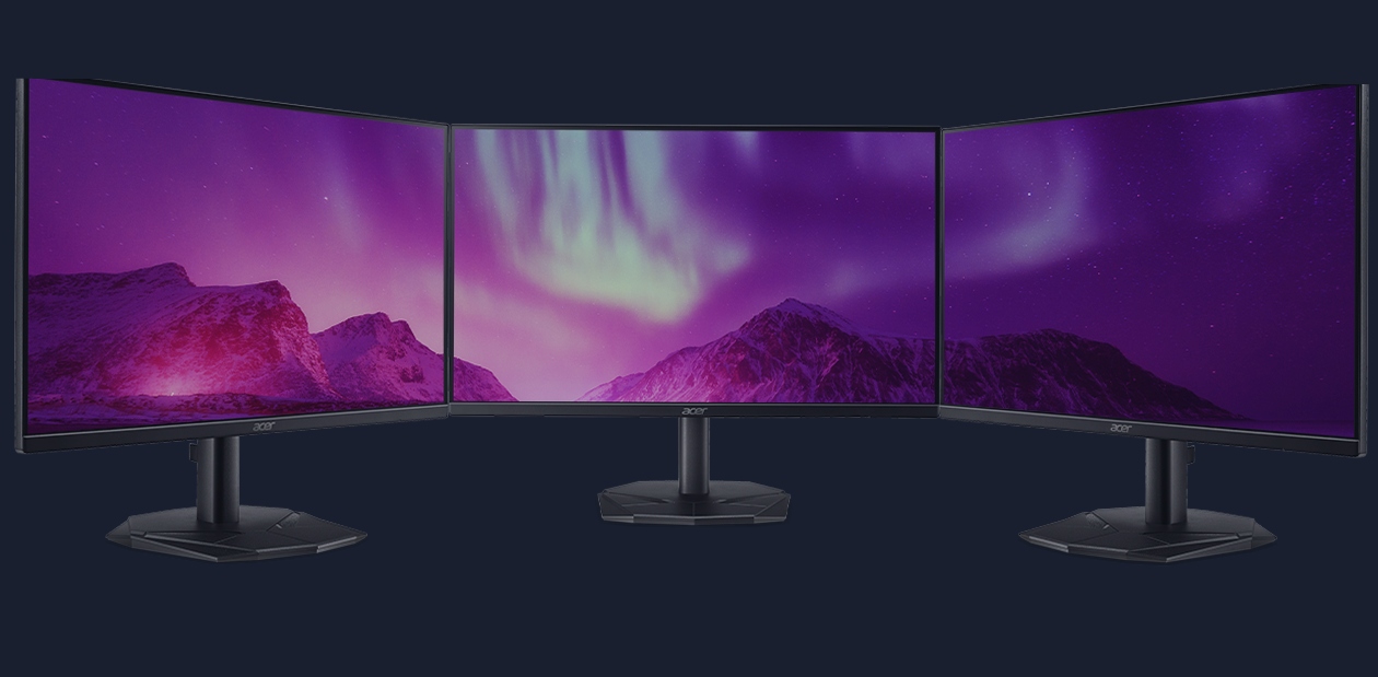 Monitor Gamer Acer KG270 P0bi em ângulo mostrando qualidade de imagem com contraste din&acirc;mico 100M:1 e cores vibrantes em cena de jogo