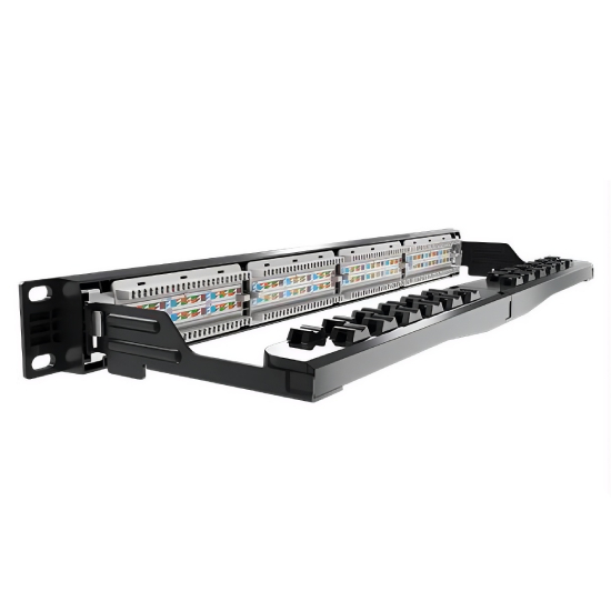 Patch Panel Furukawa Soho Plus mostrando os blocos IDC com as cores padrao T568A/B (azul, laranja, verde e marrom) para terminacao dos cabos U/UTP Cat.6