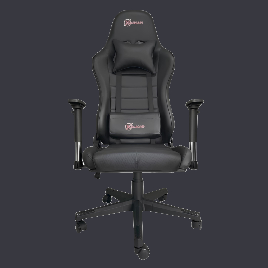 Cadeira Gamer Kalkan Aesir 2D vista frontal com design gamer em corino preto e almofadas