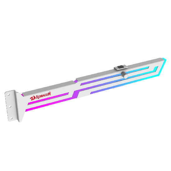 Visão em perspectiva diagonal do suporte Redragon RD-GCP03W com acabamento branco e iluminação RGB
