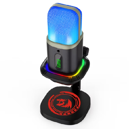 Microfone Redragon Echowave com iluminação RGB e pedestal de mesa integrado