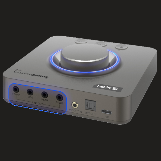 Saídas de linha para sistemas de alto-falantes 2.1, 5.1 e 7.1 da Sound Blaster X4