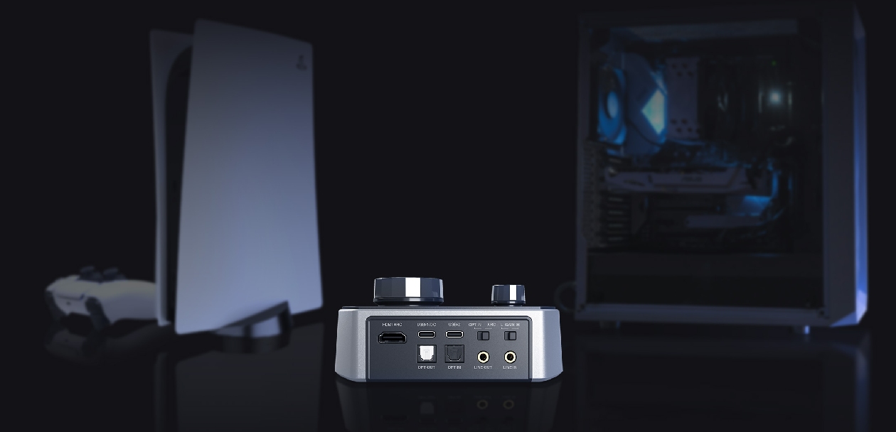 Conectividade HDMI ARC e múltiplas entradas/saídas da Sound Blaster G8