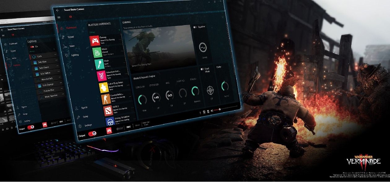 Sound BlasterX G6 em mesa de setup gamer com software Sound Blaster Command aberto nos monitores ao fundo e cena do jogo Vermintide