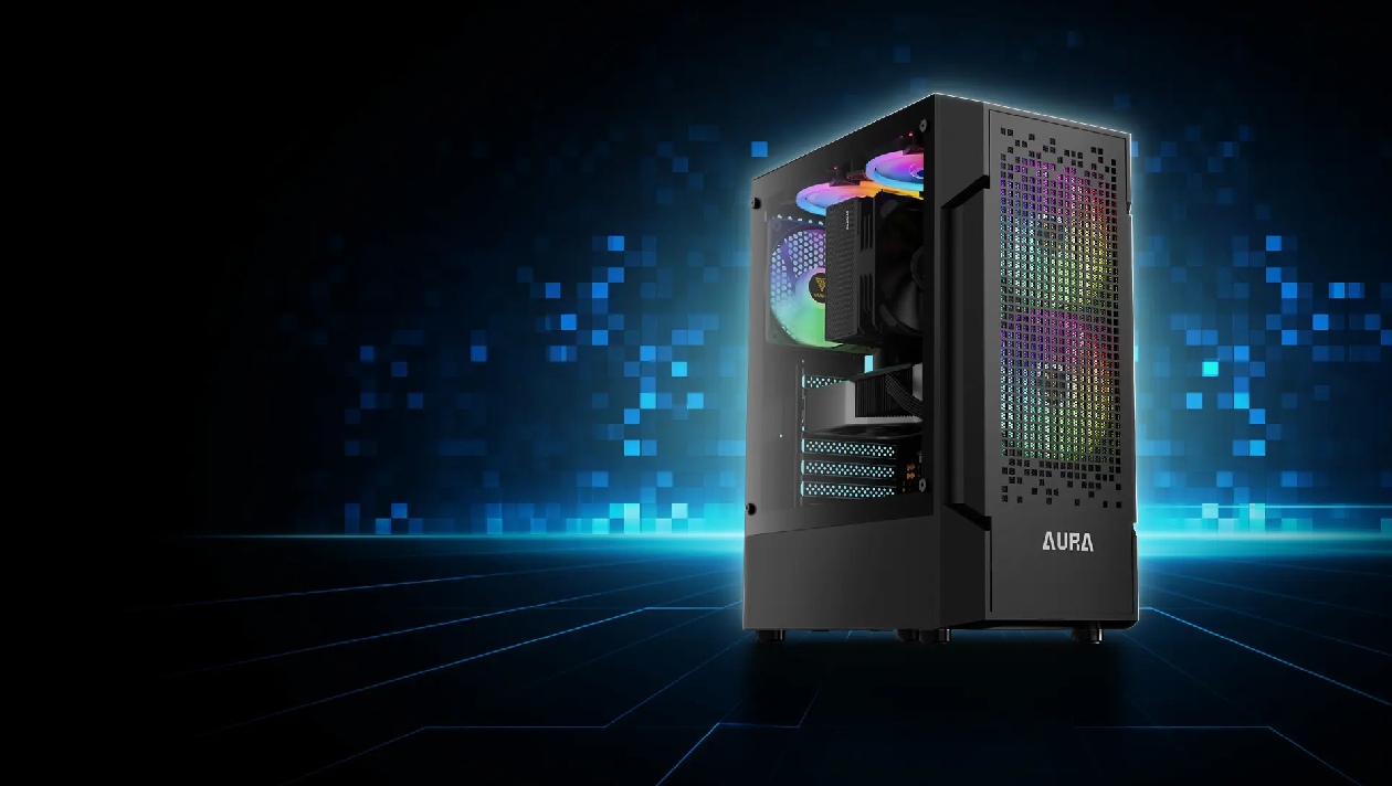 Gabinete Gamdias Aura GC7 ARGB mid-tower compacto com 3 ventiladores ARGB e vidro temperado