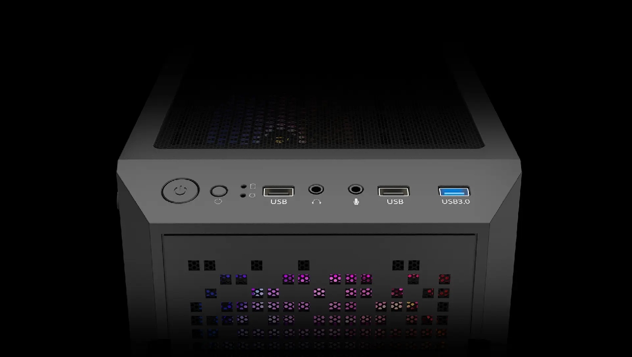 Painel I/O superior do Gamdias Aura GC7 com USB 3.0, USB 2.0 e botão LED