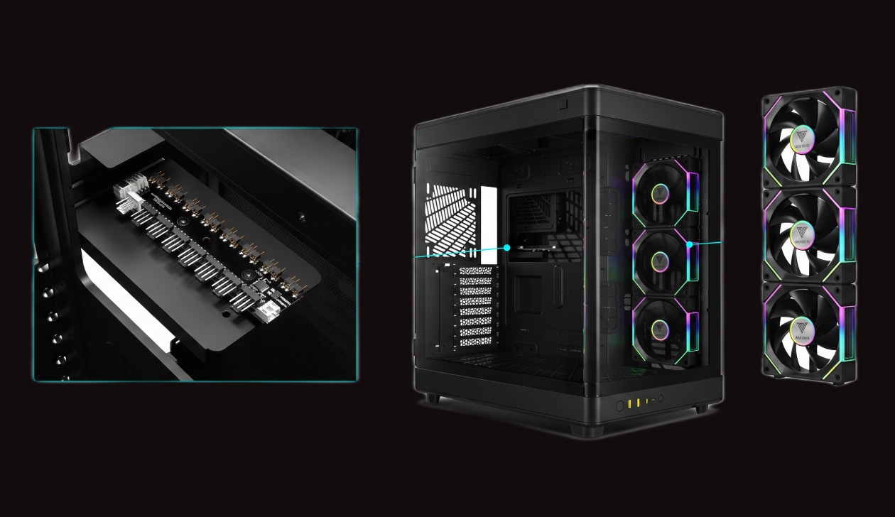 3 ventoinhas AEOLUS P2 com hub ARGB/PWM integrado do gabinete Gamdias Neso P1 PRO B