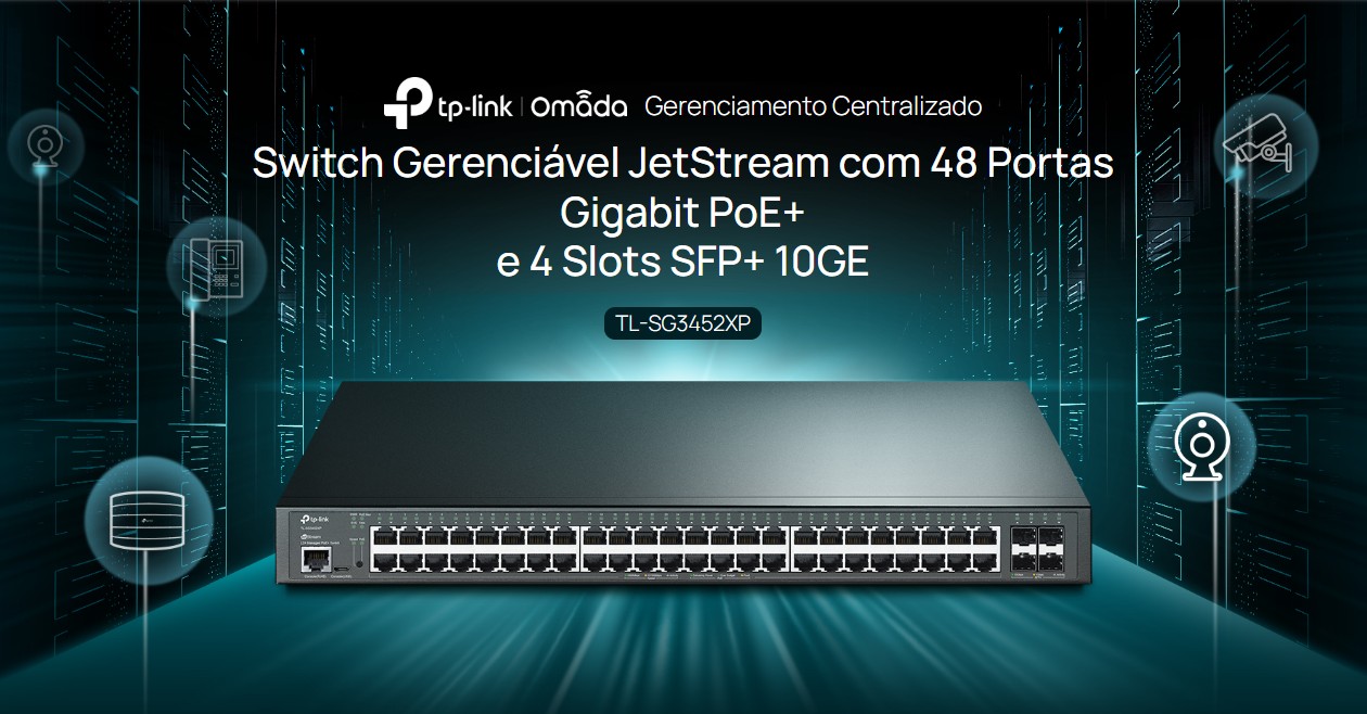 Switch gerenciável TP-Link TL-SG3452XP JetStream com 48 portas PoE+ e 4 slots SFP+ 10G em ambiente de Data Center