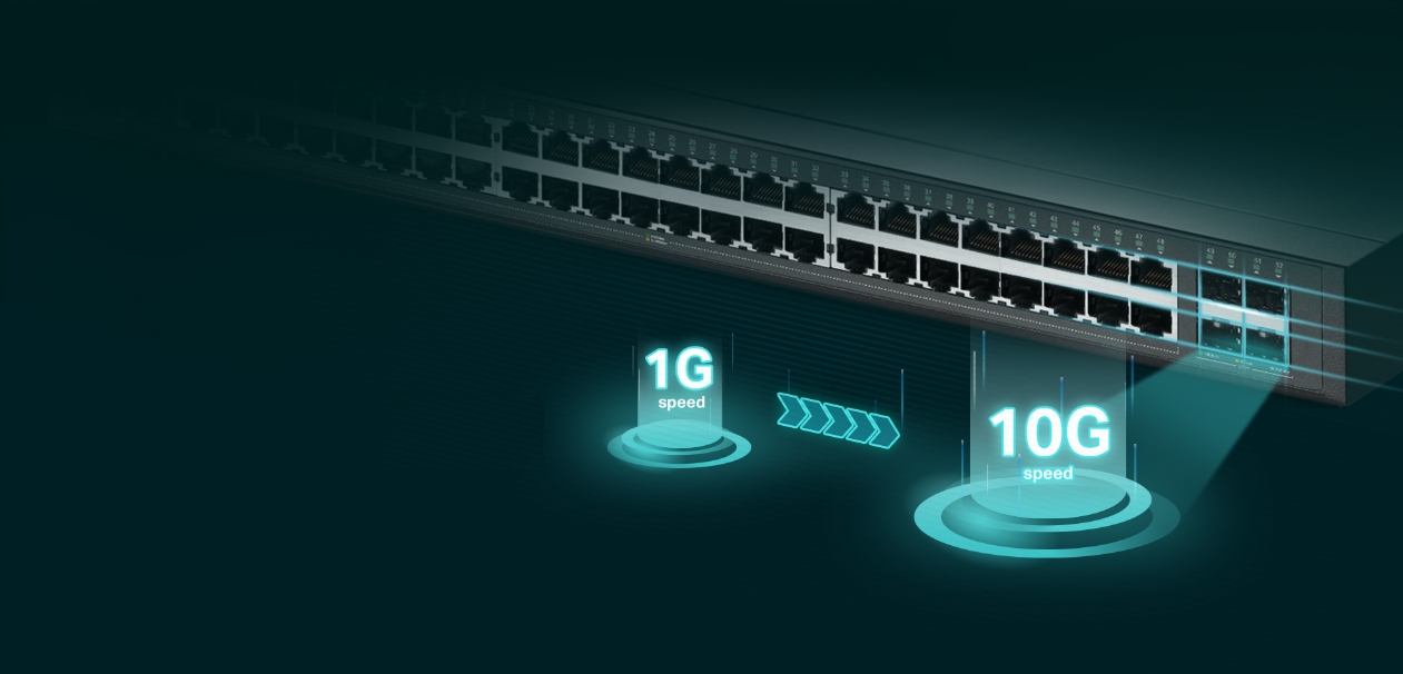 Uplink de 10G via 4 slots SFP+ do switch TP-Link TL-SG3452XP para conexão de alta velocidade