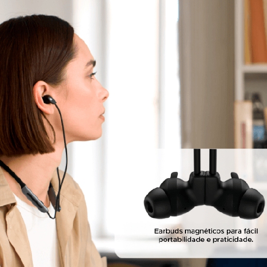 Mulher usando o fone Edifier W280NB Pro preto com earbuds magnéticos