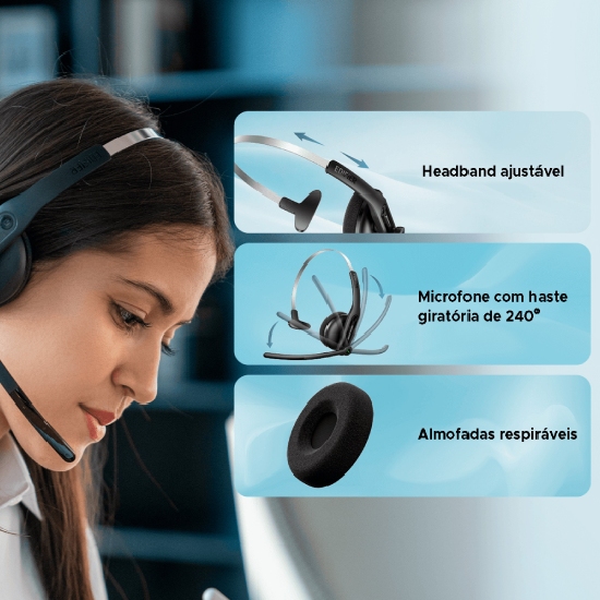 Profissional usando Edifier CC300 com cards destacando headband ajustável, haste 240° e almofadas respiráveis