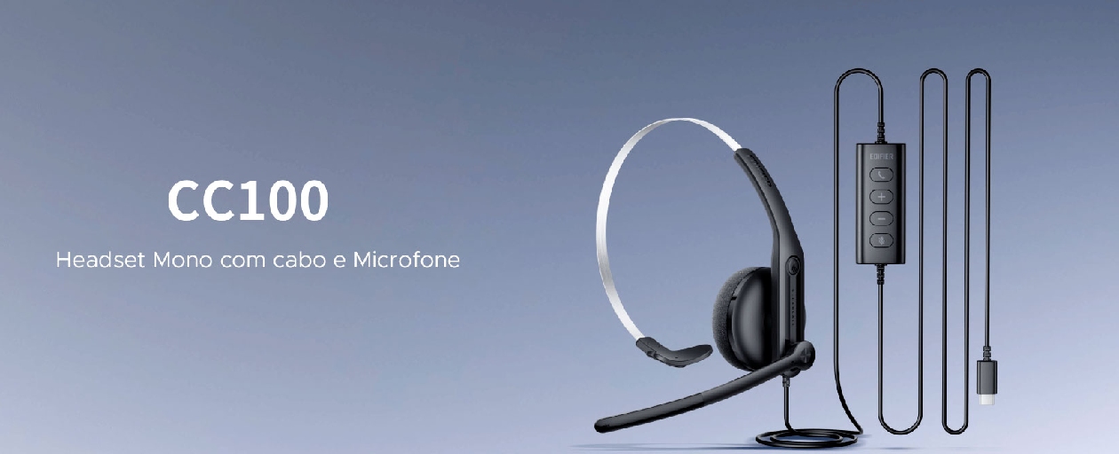 Headset Edifier CC100 Mono com cabo USB-C, microfone e módulo de controle