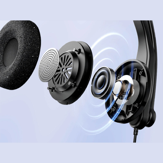 Vista explodida do headset Edifier CC100 com driver, almofada e bobina magnética