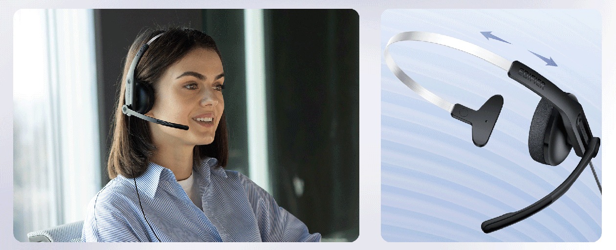 Profissional em videochamada com headset Edifier CC100 e ajuste de headband