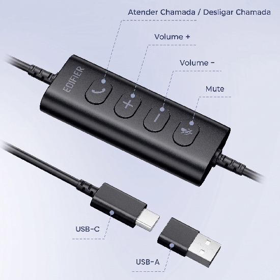 Módulo de controle do headset Edifier CC100 com botões e conector USB-C