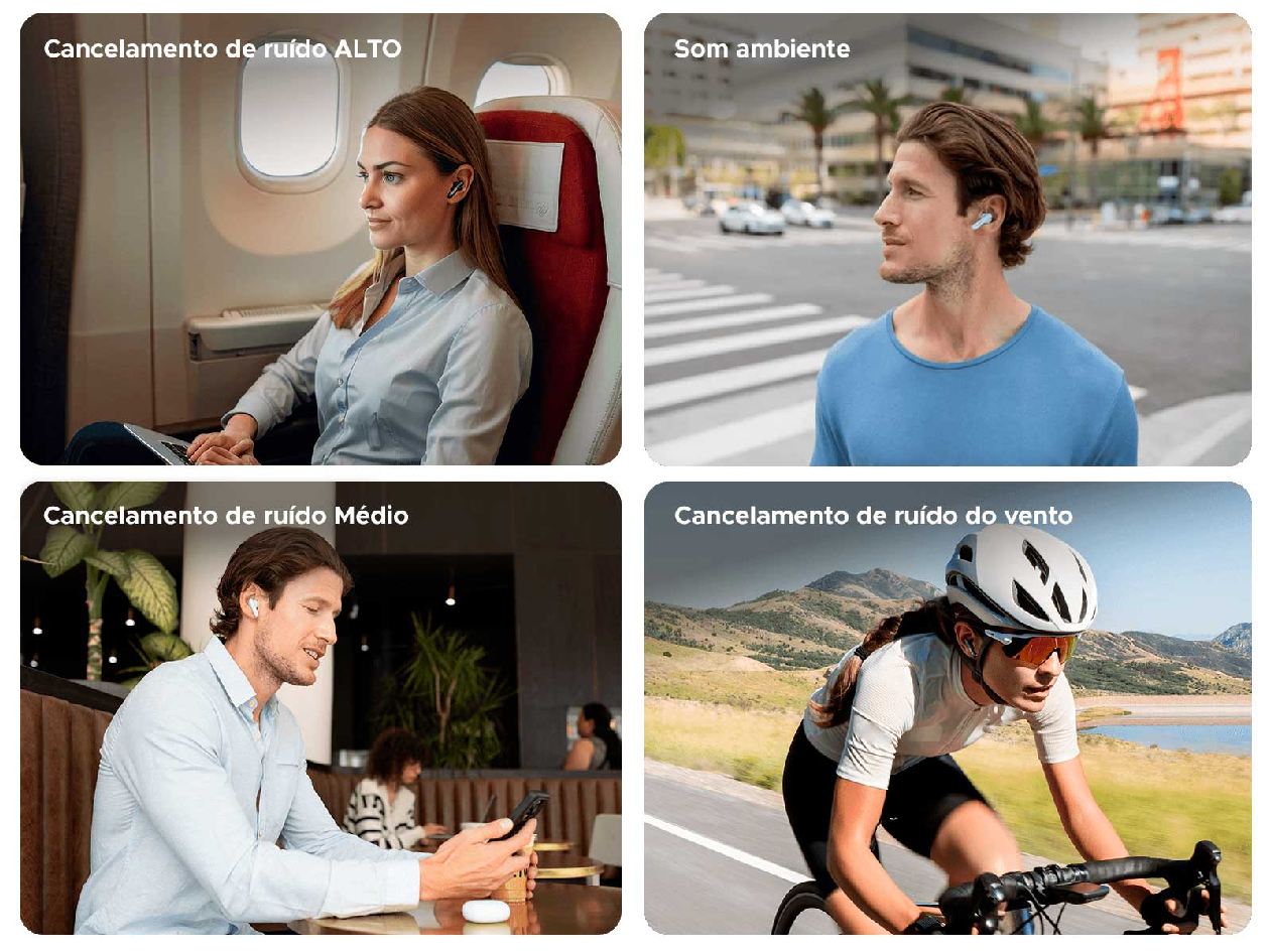 4 modos inteligentes do Edifier X5 Pro V25: Cancelamento Alto, Médio, Redução de Vento e Som Ambiente