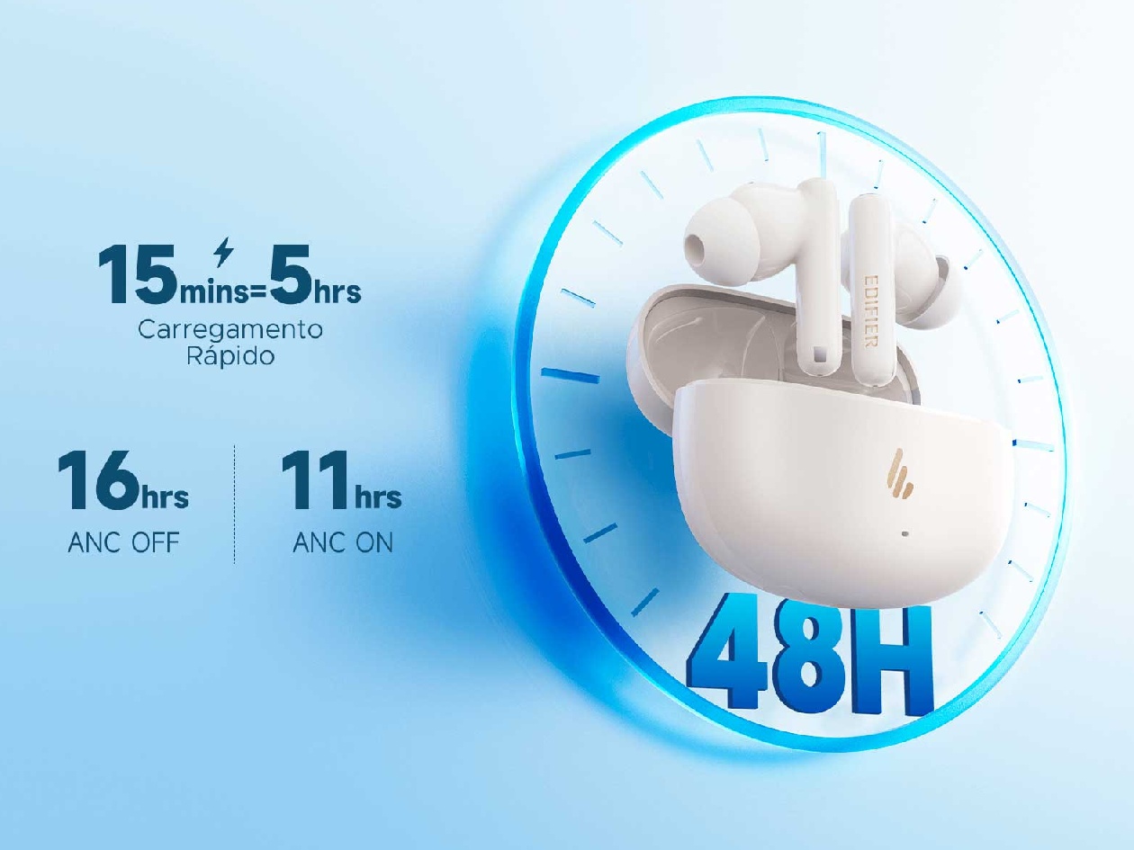 Autonomia de bateria do Edifier X5 Pro V25: 48h totais, 16h fone, 15min = 5h
