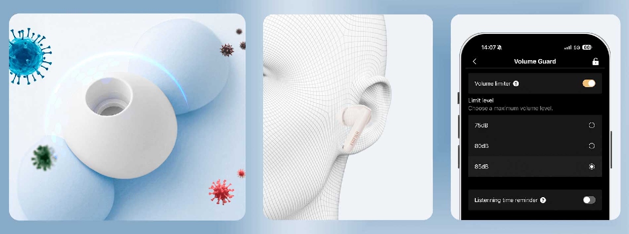 Ponteiras antibacterianas, design ergonômico e Volume Guard do Edifier X5 Pro V25