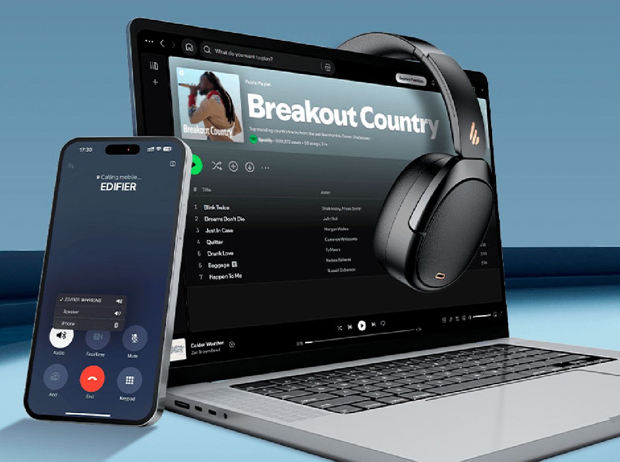 Conexão Multiponto do Edifier WH950NB pareado com notebook e smartphone simultaneamente