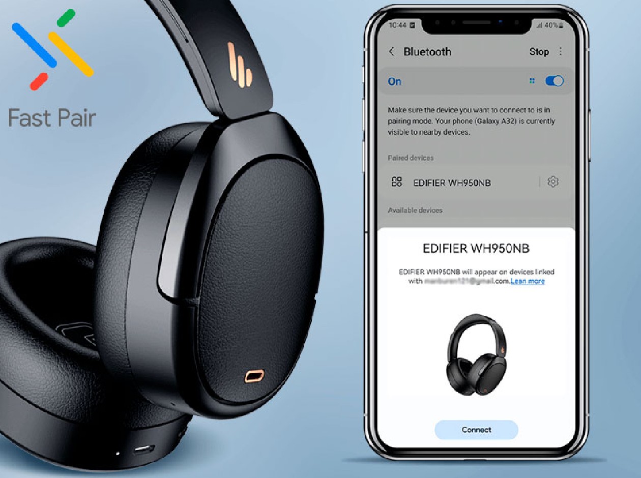 Google Fast Pair do Edifier WH950NB com emparelhamento instantâneo por aproximação