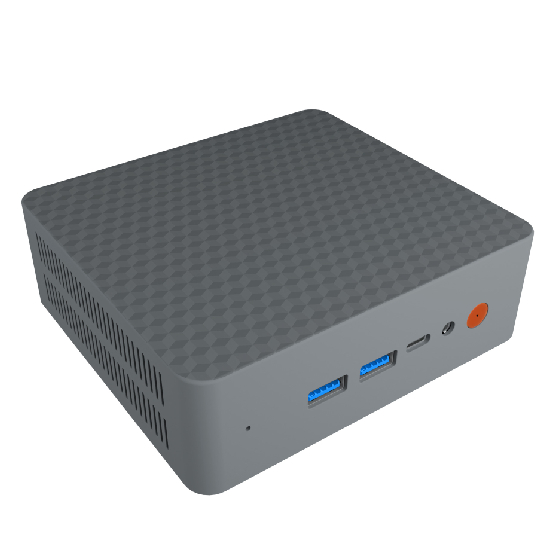 Mini PC Bluecase Bluebox com design cinza grafite e textura geométrica no topo