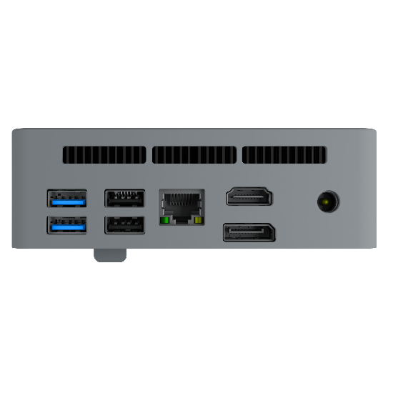 Painel traseiro do Mini PC Bluecase Bluebox com HDMI, DisplayPort, USB 3.0, USB 2.0 e LAN Gigabit