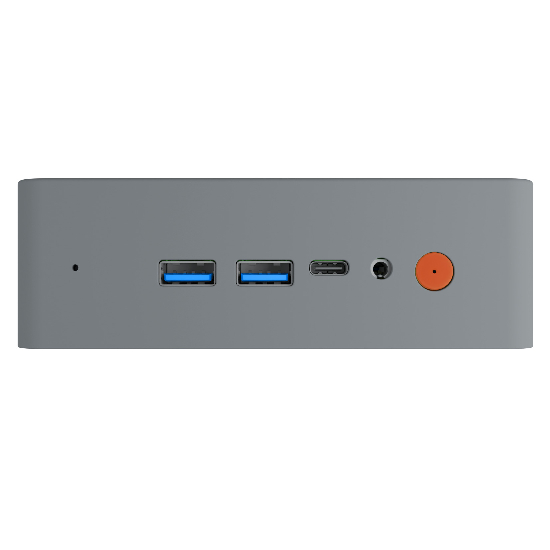 Painel frontal do Mini PC Bluecase Bluebox com botão Power laranja, USB-C, USB 3.0 e áudio P2