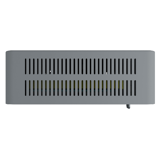 Painel lateral do Mini PC Bluecase Bluebox com grelha de ventilação e pé de apoio em borracha