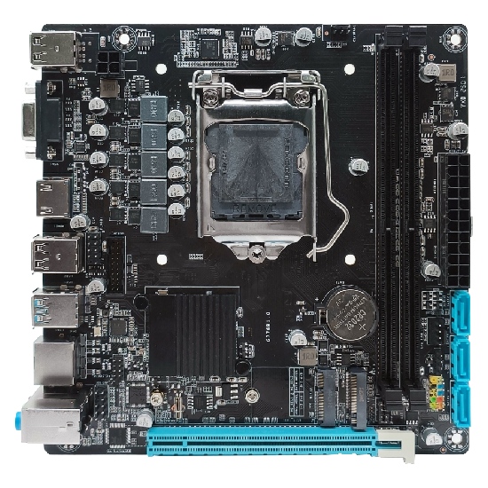 Visão superior da placa-mãe Bluecase BMBH110-G3HGU-ITX Mini-ITX com componentes organizados