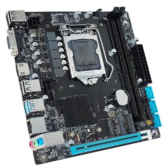 Visão em perspectiva 3D da placa-mãe Bluecase BMBH110-G3HGU-ITX com capacitores sólidos