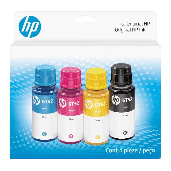 Embalagem oficial do kit de refil de tinta HP GT52/GT53 com 4 garrafas