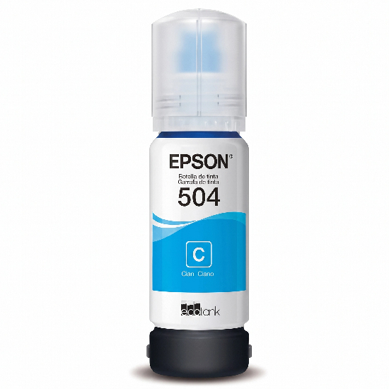 Frasco de refil de tinta Epson 504 Ciano com bico dosador EcoFit e tampa protetora