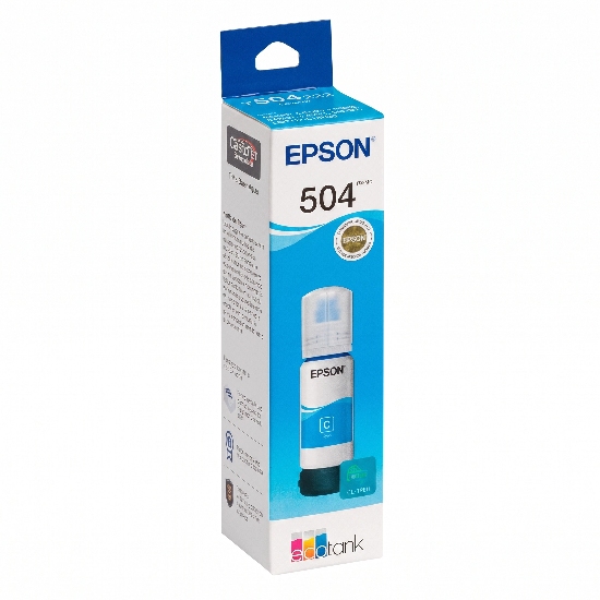 Embalagem original do refil de tinta Epson 504 Ciano com selo holográfico de autenticidade