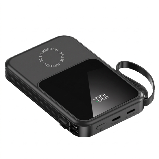 Power Bank Hrebos PB-959 com visor digital LED e cabos integrados USB-C + Lightning
