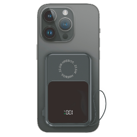 Power Bank Hrebos PB-959 fixado magneticamente em iPhone com carregamento MagSafe