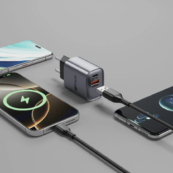 Carregador de parede Hrebos CRG-232CC cinza metálico com portas USB-C e USB-A