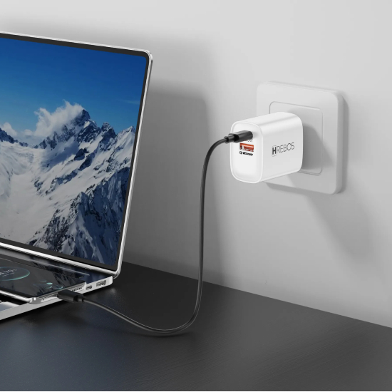 Carregador de parede Hrebos CRG-232CC branco com portas USB-C e USB-A
