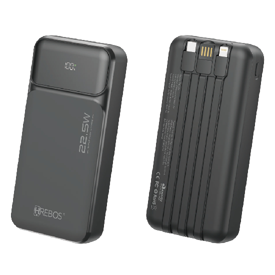 Power Bank Hrebos PB-204 preto detalhe portas USB e USB-C