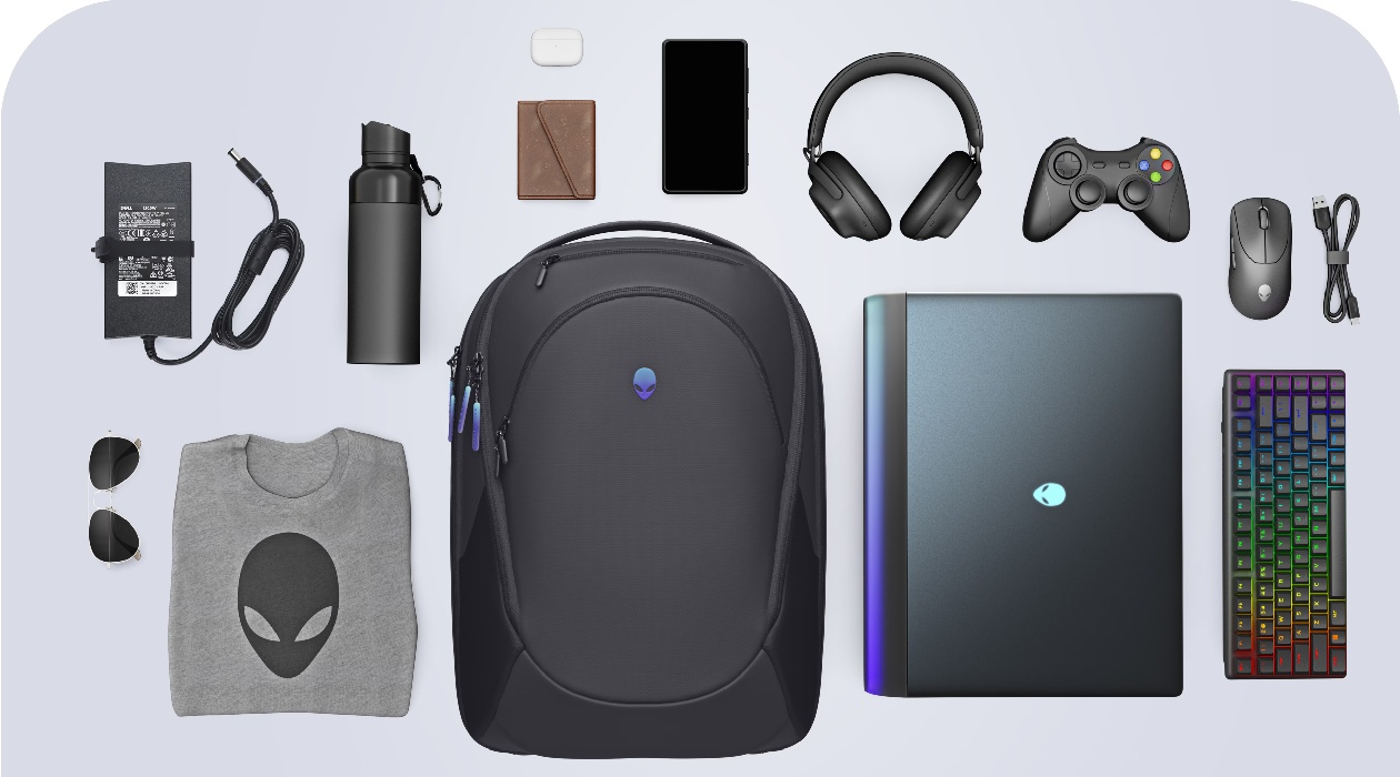 Mochila Dell Alienware AW7825P com setup gamer completo - notebook, headset, mouse, teclado, controle e acessórios