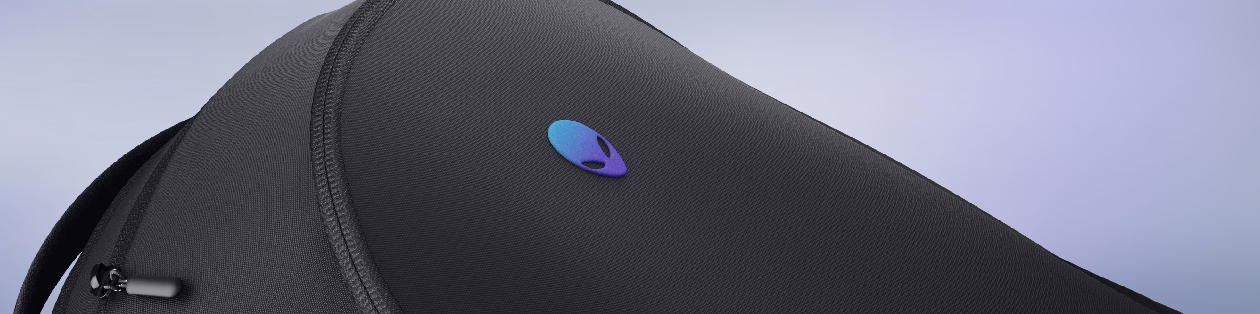 Emblema Alienware iridescente em relevo com acabamento holográfico azul/roxo