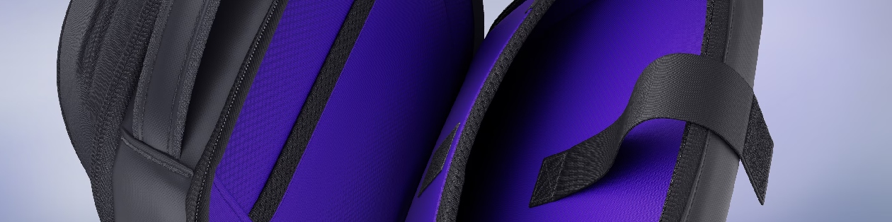 Interior roxo vibrante da mochila Alienware com compartimento acolchoado para notebook e cinta de fixação